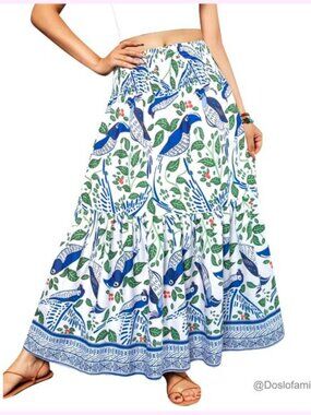 Women's High Waist Elastic Pleated A-Line Maxi Skirt Flowy Long Boho